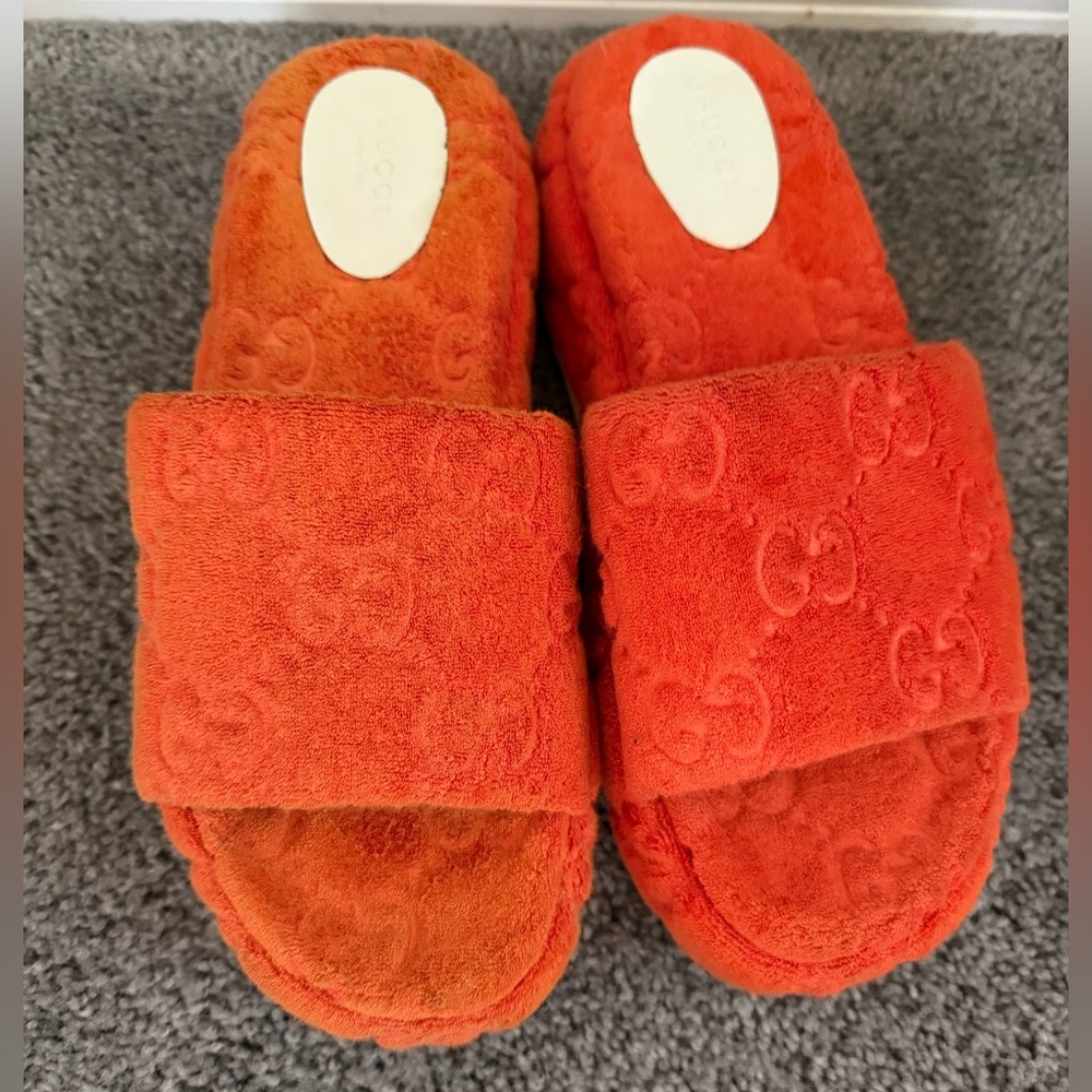 Gucci Angelina GG sponge Orange Monoriccio platforms sandals Size 39